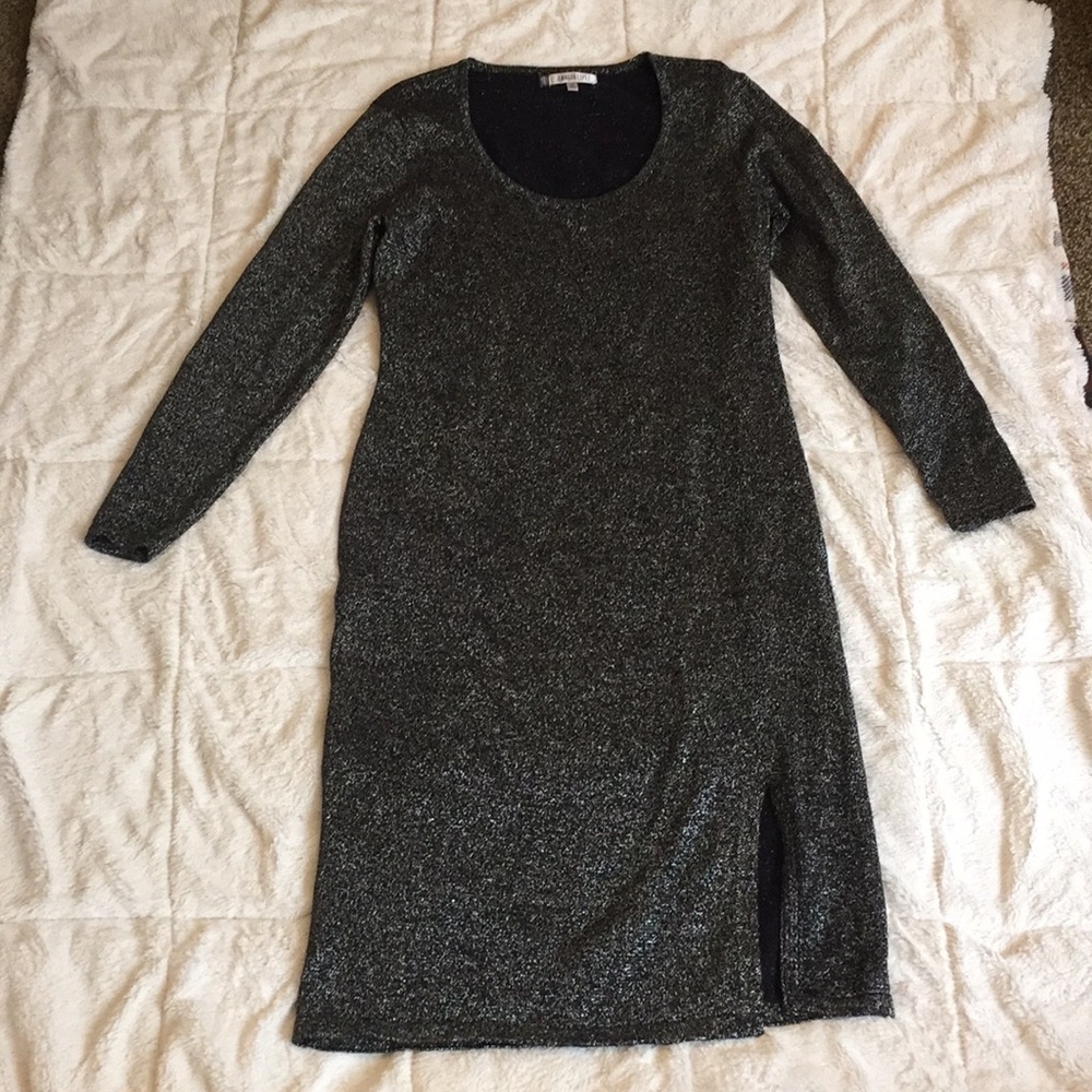 Black and silver knit long sleeve dress.